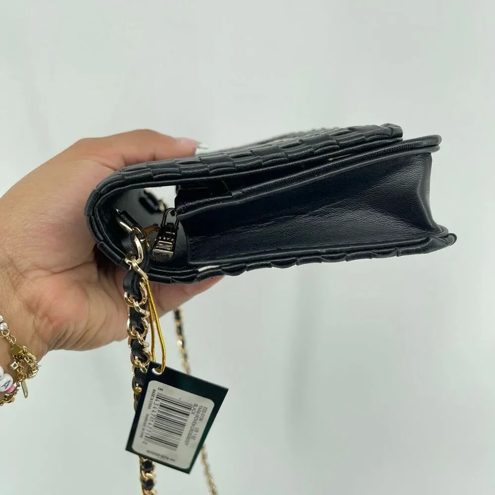Bebe Yara Woven Vegan Leather Crossbody Bag Black Gold Chain NWT